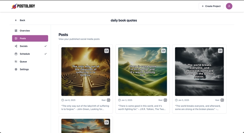 Postology interface preview - AI-powered platform that simplifies social media growth by automating content cr...